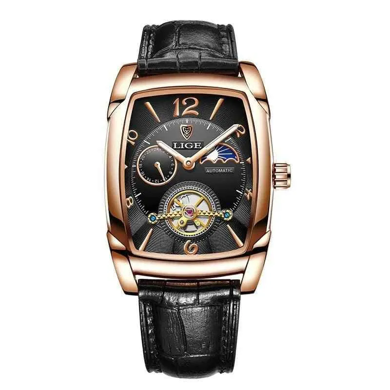 Luxury Gold Automatic Mechanical Men Watches Moon Phase Leather Strap Waterproof Skeleton Self Wind Wristwatch
