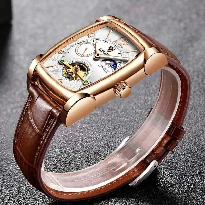 Luxury Gold Automatic Mechanical Men Watches Moon Phase Leather Strap Waterproof Skeleton Self Wind Wristwatch
