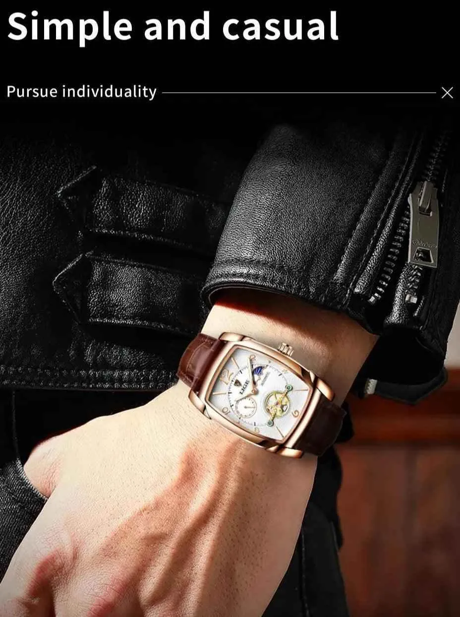 Luxury Gold Automatic Mechanical Men Watches Moon Phase Leather Strap Waterproof Skeleton Self Wind Wristwatch