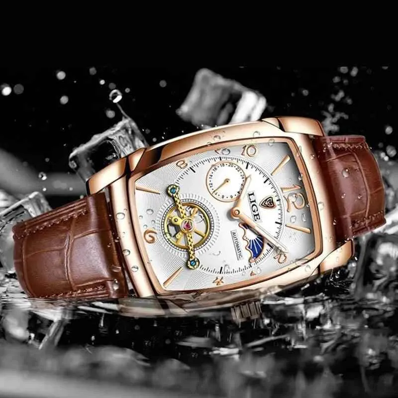 Luxury Gold Automatic Mechanical Men Watches Moon Phase Leather Strap Waterproof Skeleton Self Wind Wristwatch