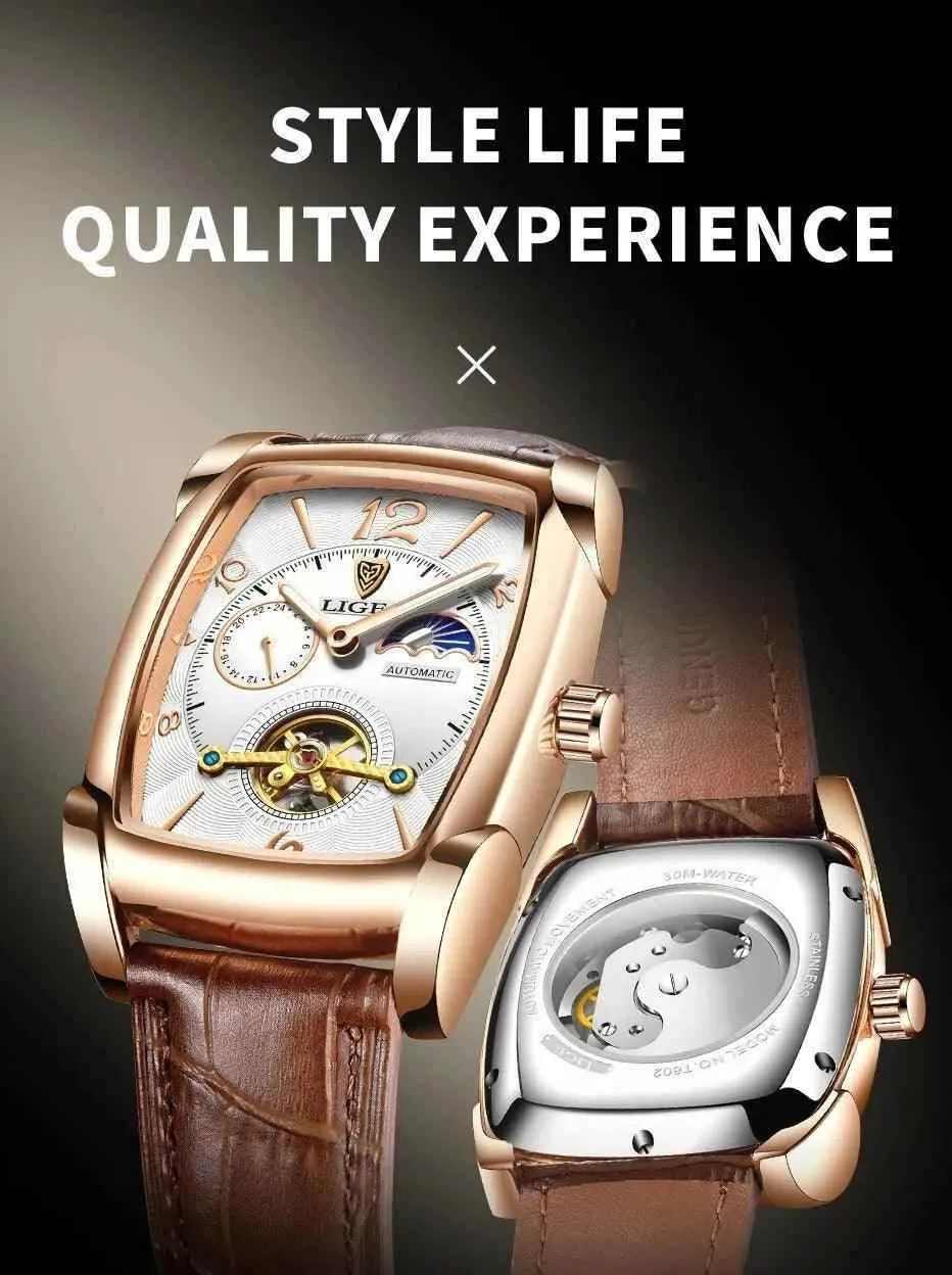 Luxury Gold Automatic Mechanical Men Watches Moon Phase Leather Strap Waterproof Skeleton Self Wind Wristwatch