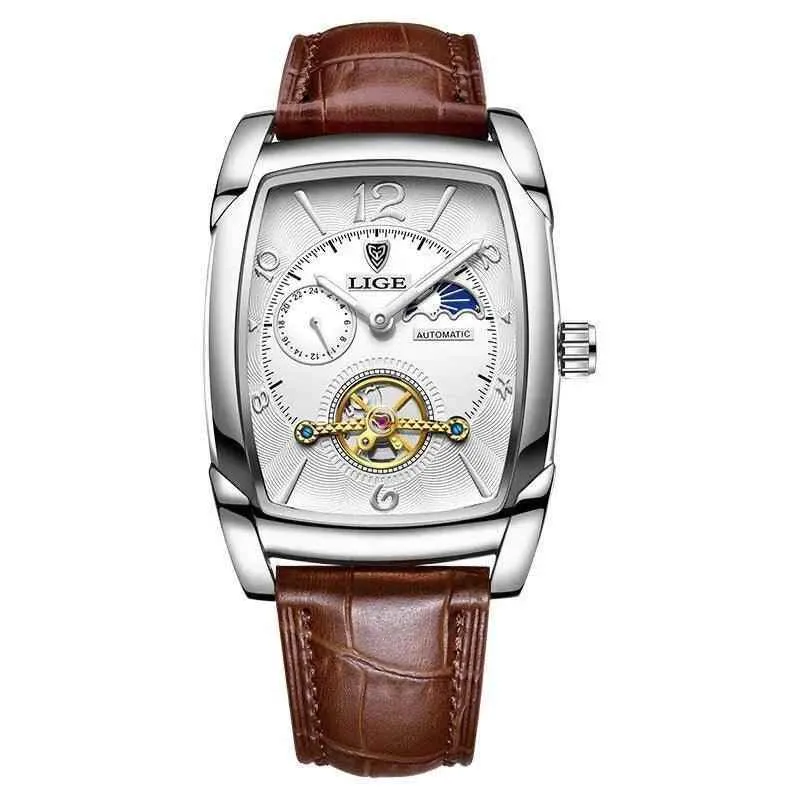 Luxury Gold Automatic Mechanical Men Watches Moon Phase Leather Strap Waterproof Skeleton Self Wind Wristwatch