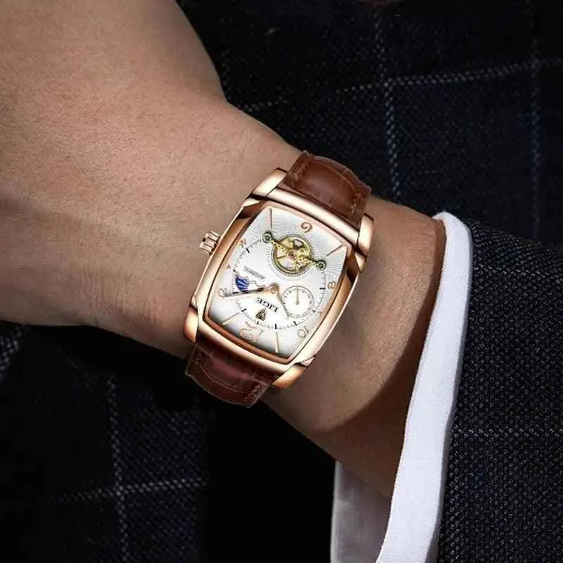 Luxury Gold Automatic Mechanical Men Watches Moon Phase Leather Strap Waterproof Skeleton Self Wind Wristwatch