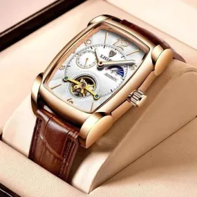 Luxury Gold Automatic Mechanical Men Watches Moon Phase Leather Strap Waterproof Skeleton Self Wind Wristwatch