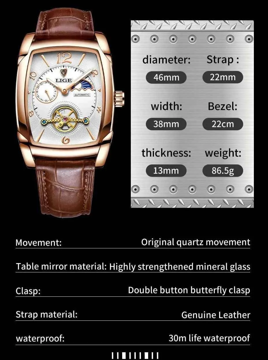 Luxury Gold Automatic Mechanical Men Watches Moon Phase Leather Strap Waterproof Skeleton Self Wind Wristwatch