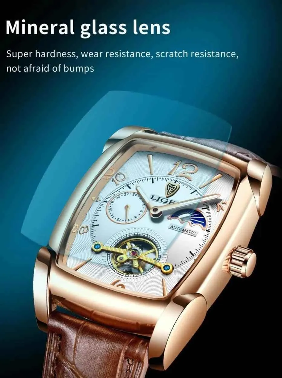 Luxury Gold Automatic Mechanical Men Watches Moon Phase Leather Strap Waterproof Skeleton Self Wind Wristwatch