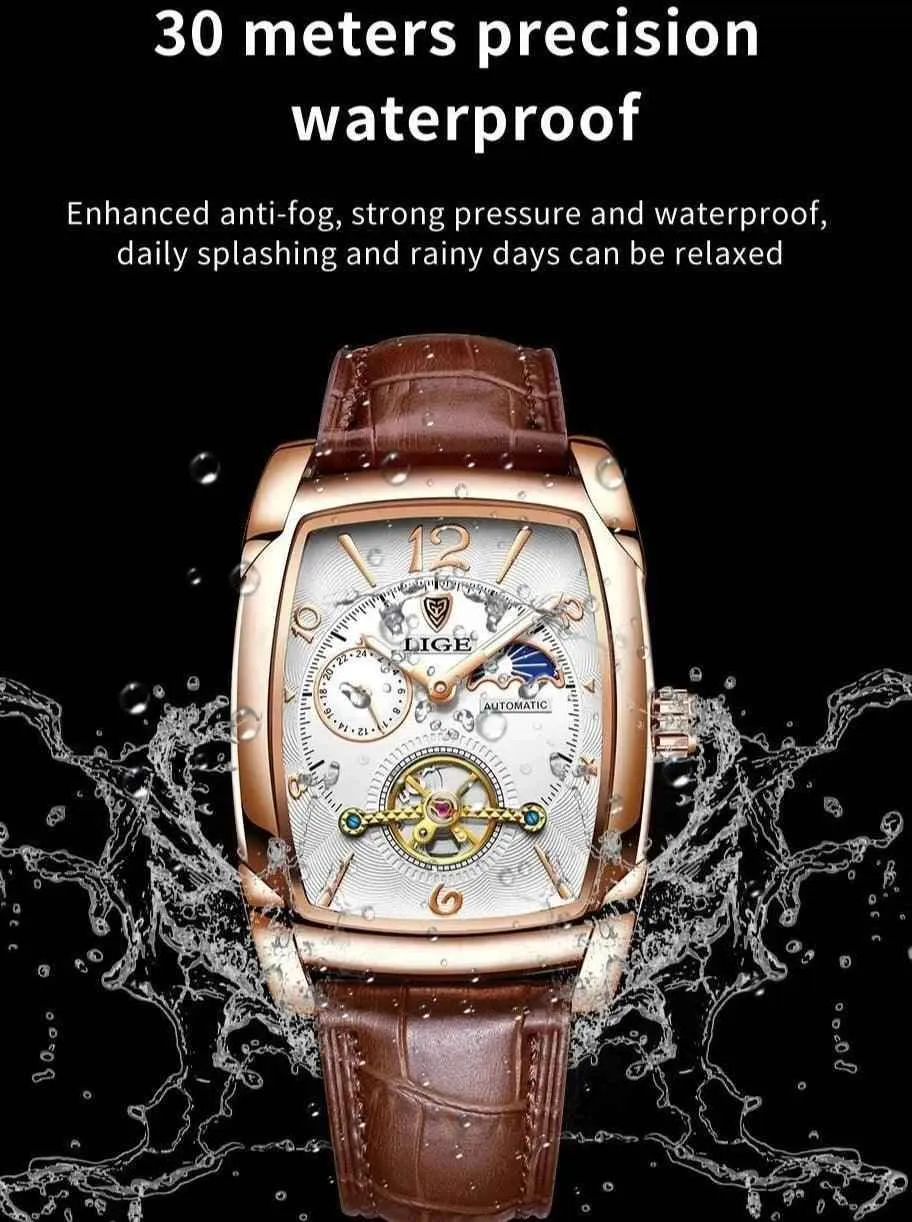Luxury Gold Automatic Mechanical Men Watches Moon Phase Leather Strap Waterproof Skeleton Self Wind Wristwatch