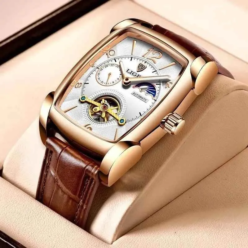 Luxury Gold Automatic Mechanical Men Watches Moon Phase Leather Strap Waterproof Skeleton Self Wind Wristwatch