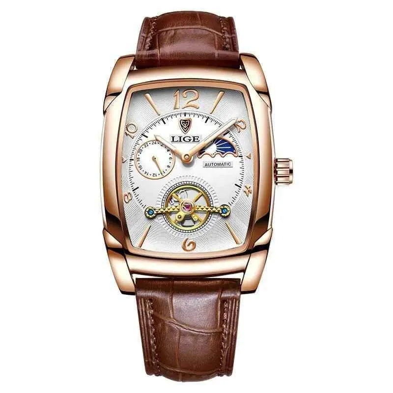 Luxury Gold Automatic Mechanical Men Watches Moon Phase Leather Strap Waterproof Skeleton Self Wind Wristwatch