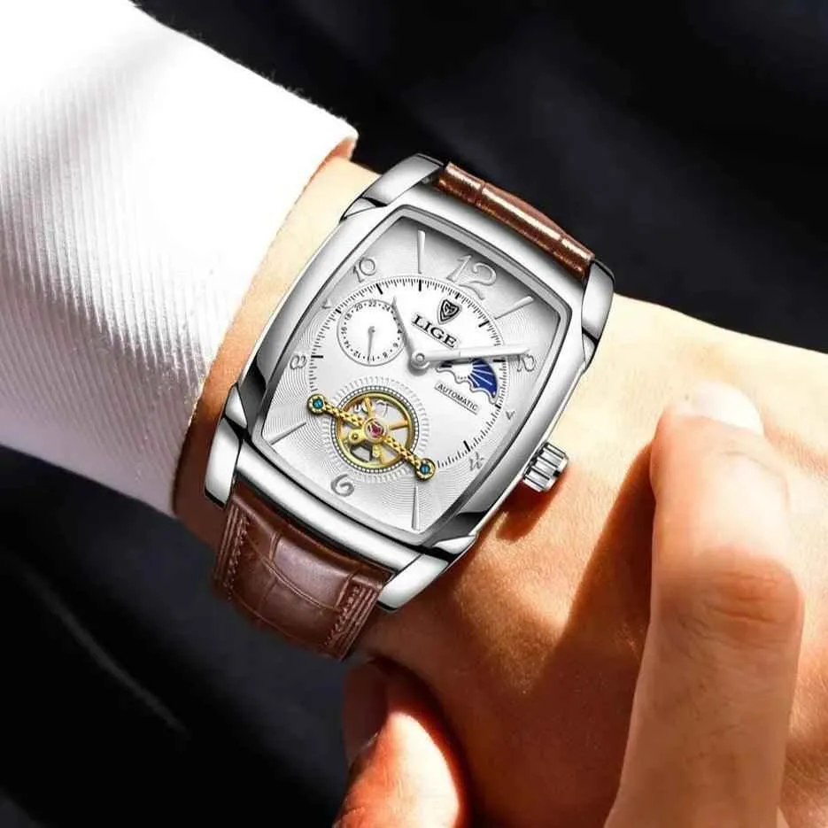 Luxury Gold Automatic Mechanical Men Watches Moon Phase Leather Strap Waterproof Skeleton Self Wind Wristwatch