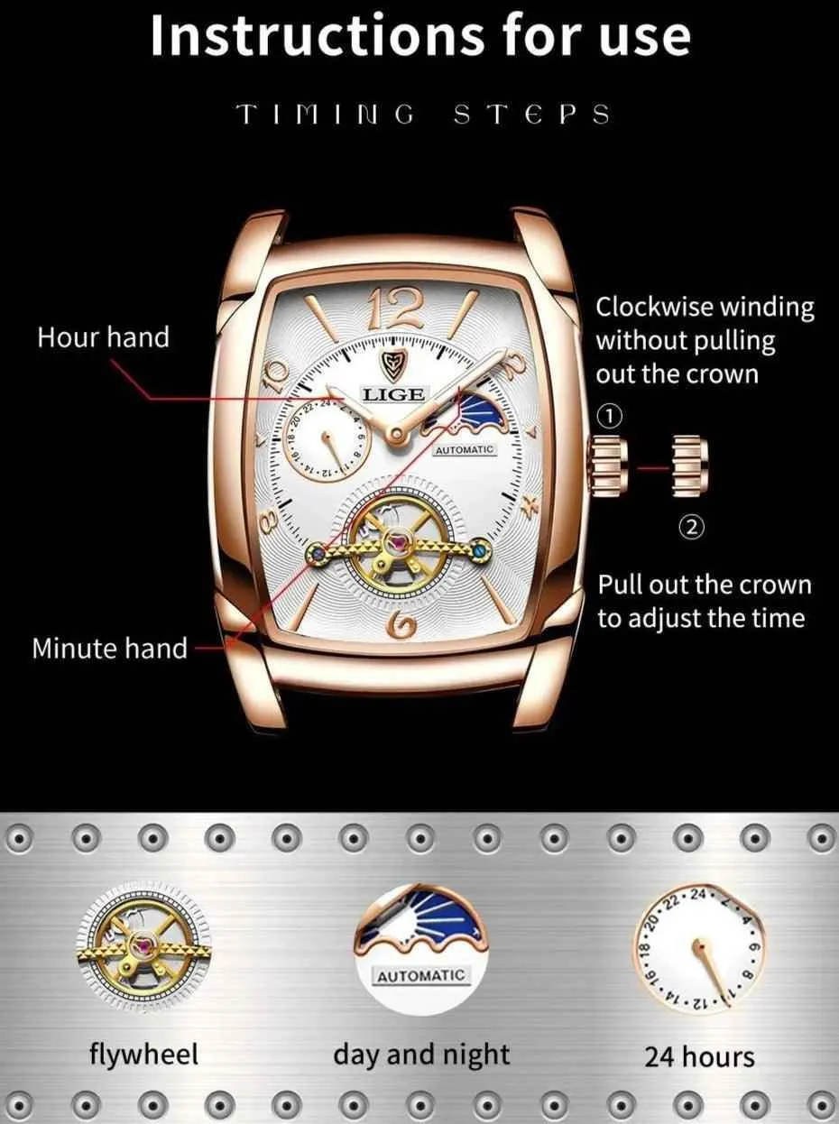 Luxury Gold Automatic Mechanical Men Watches Moon Phase Leather Strap Waterproof Skeleton Self Wind Wristwatch