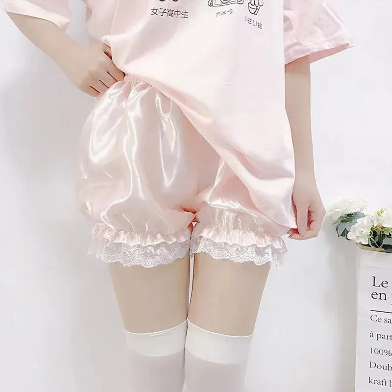 LVSANW Women Lace Short Panties Imitation Silk Ruffle Bloomers Anti Exposure Safety Pants Lolita Satin Knickers Shorts Dress Pettipant