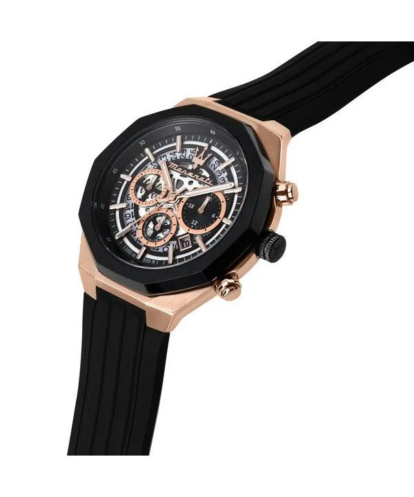 Maserati Stile Chronograph Rubber Strap Black Skeleton Dial Quartz R8871642003 100M Men's Watch