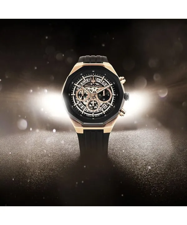 Maserati Stile Chronograph Rubber Strap Black Skeleton Dial Quartz R8871642003 100M Men's Watch