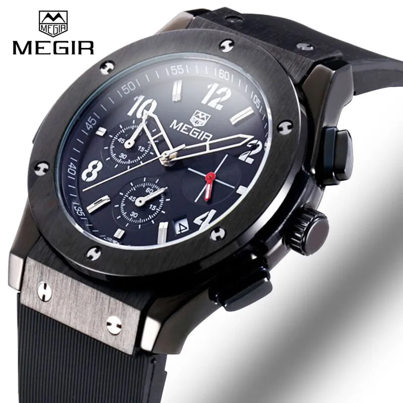 MEGIR Auto Date Chronograph Men Watch Waterproof Fashion Casual Silicone Strap Military Sport Watches Clock