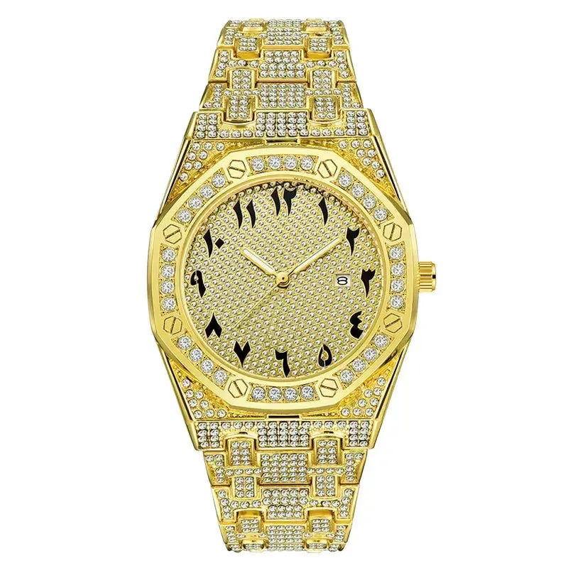 Men Hip Hop Diamond Luxury Brand Watches Fashion Alloy Band Golden