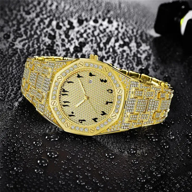 Men Hip Hop Diamond Luxury Brand Watches Fashion Alloy Band Golden