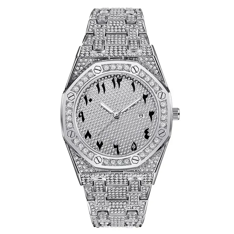 Men Hip Hop Diamond Luxury Brand Watches Fashion Alloy Band Golden