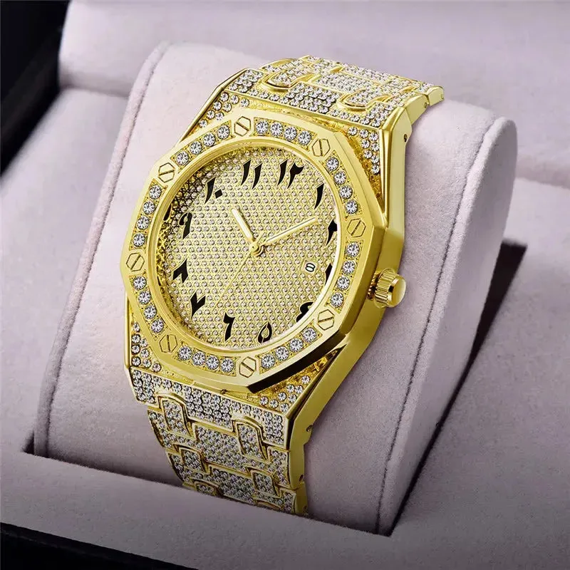 Men Hip Hop Diamond Luxury Brand Watches Fashion Alloy Band Golden
