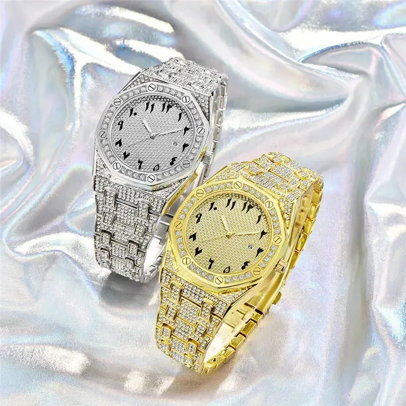 Men Hip Hop Diamond Luxury Brand Watches Fashion Alloy Band Golden