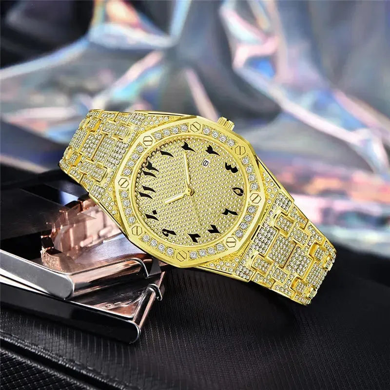 Men Hip Hop Diamond Luxury Brand Watches Fashion Alloy Band Golden