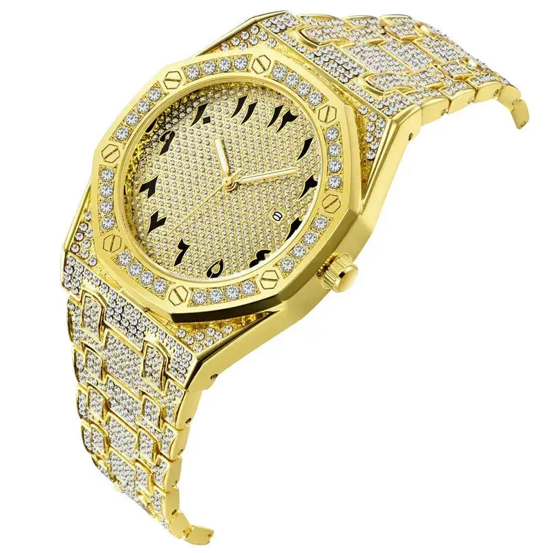 Men Hip Hop Diamond Luxury Brand Watches Fashion Alloy Band Golden