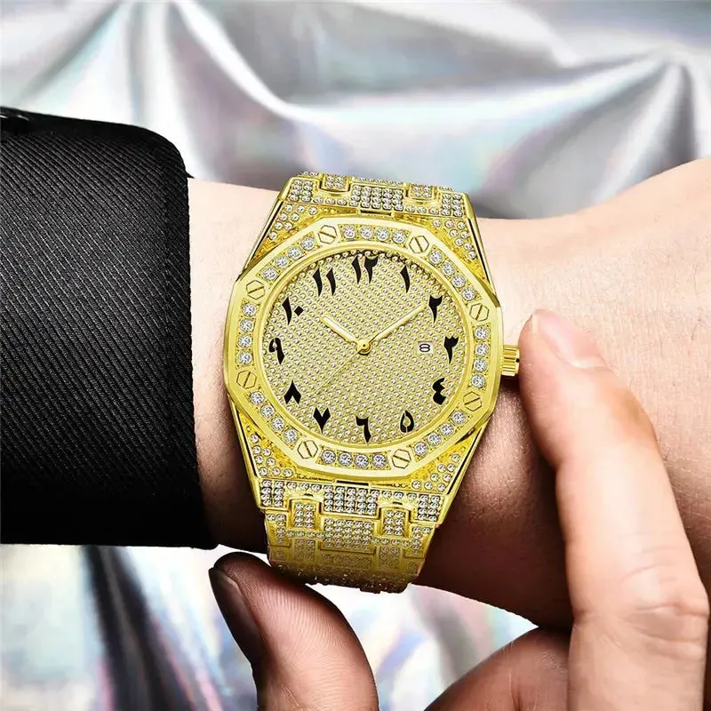 Men Hip Hop Diamond Luxury Brand Watches Fashion Alloy Band Golden
