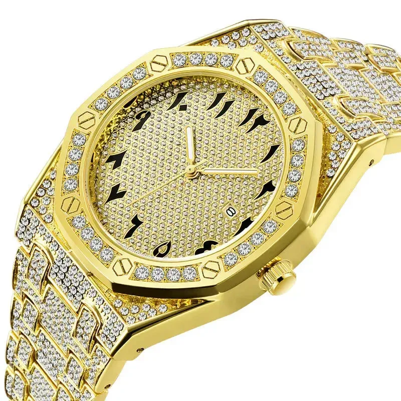 Men Hip Hop Diamond Luxury Brand Watches Fashion Alloy Band Golden