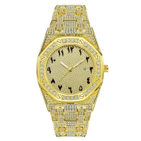 Men Hip Hop Diamond Luxury Brand Watches Fashion Alloy Band Golden