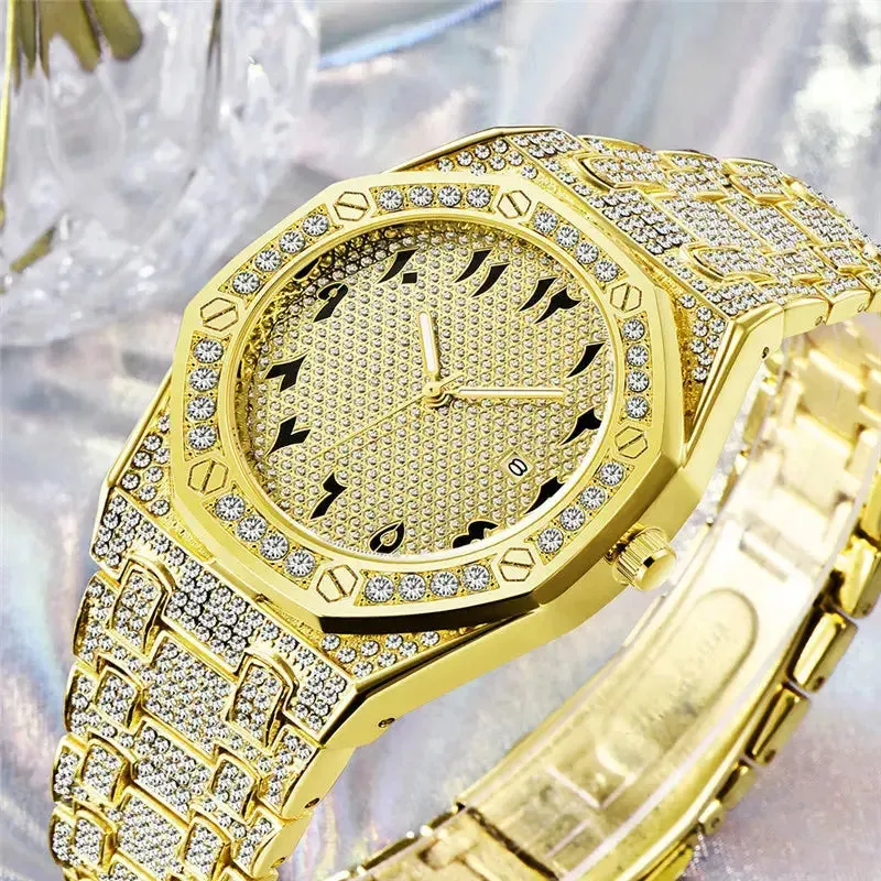 Men Hip Hop Diamond Luxury Brand Watches Fashion Alloy Band Golden