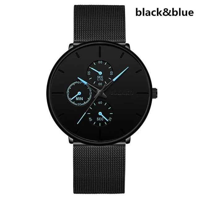 Men's Three Mini Dial Black Slim Analog Watches