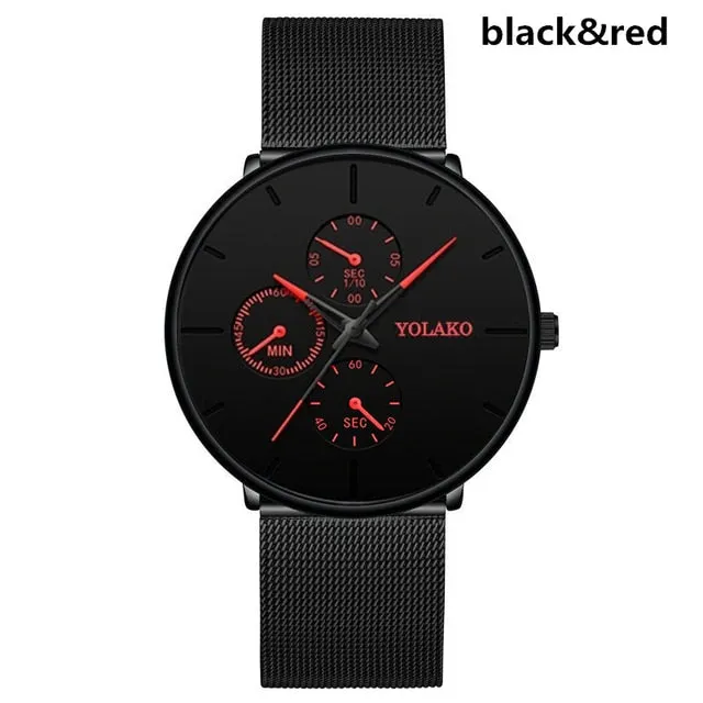 Men's Three Mini Dial Black Slim Analog Watches