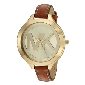 Michael Kors Slim Runway Brown Leather Strap Gold Dial Quartz Watch for Ladies - MK2326