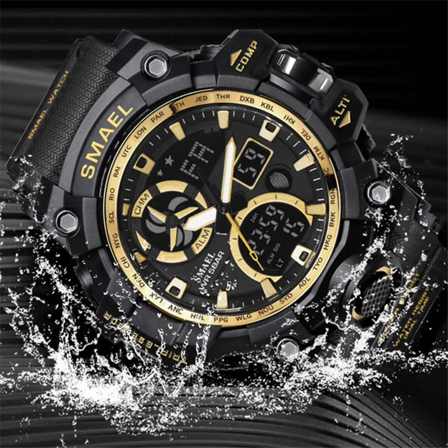 Military Men's Sports Analog Quartz Watch Dual Display Alarm Digital Watches with LED Backlight SM1545