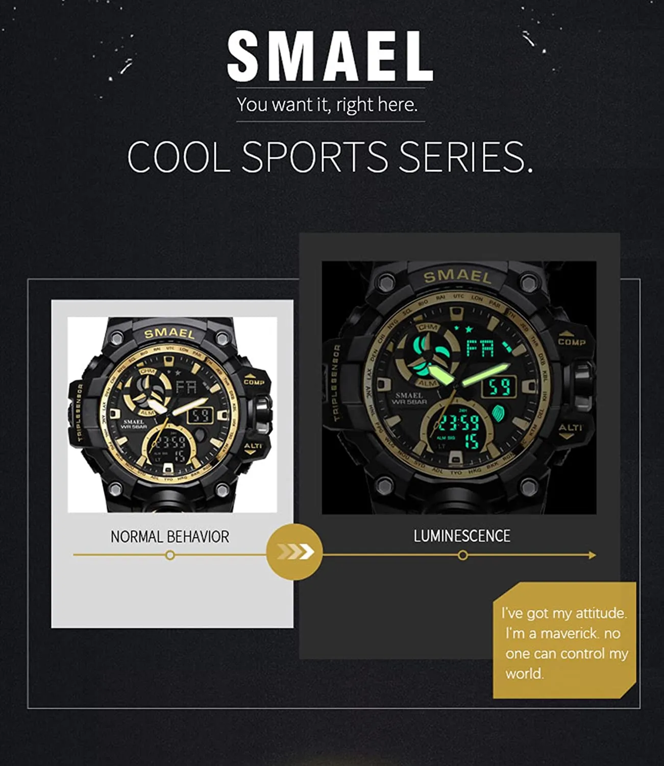 Military Men's Sports Analog Quartz Watch Dual Display Alarm Digital Watches with LED Backlight SM1545