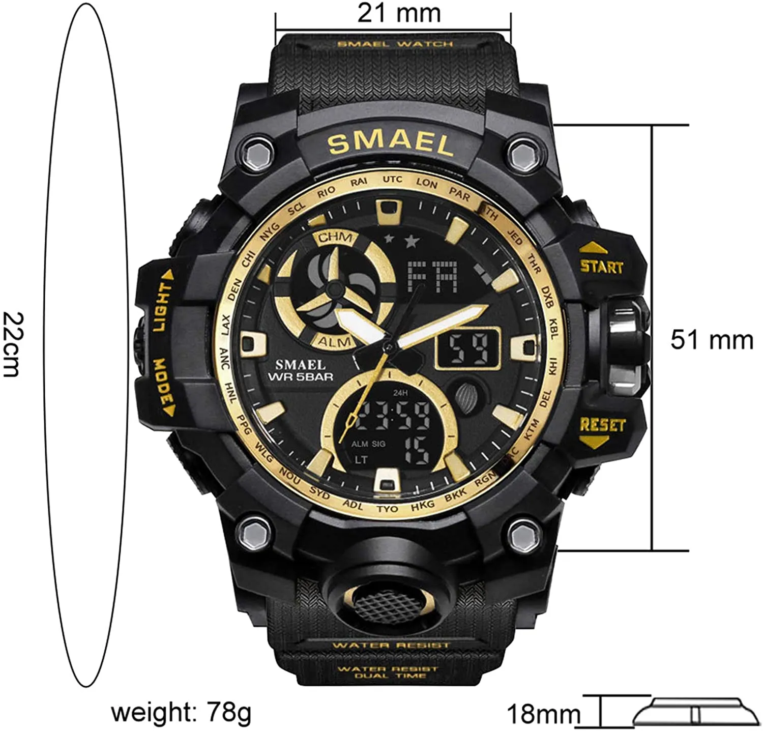Military Men's Sports Analog Quartz Watch Dual Display Alarm Digital Watches with LED Backlight SM1545