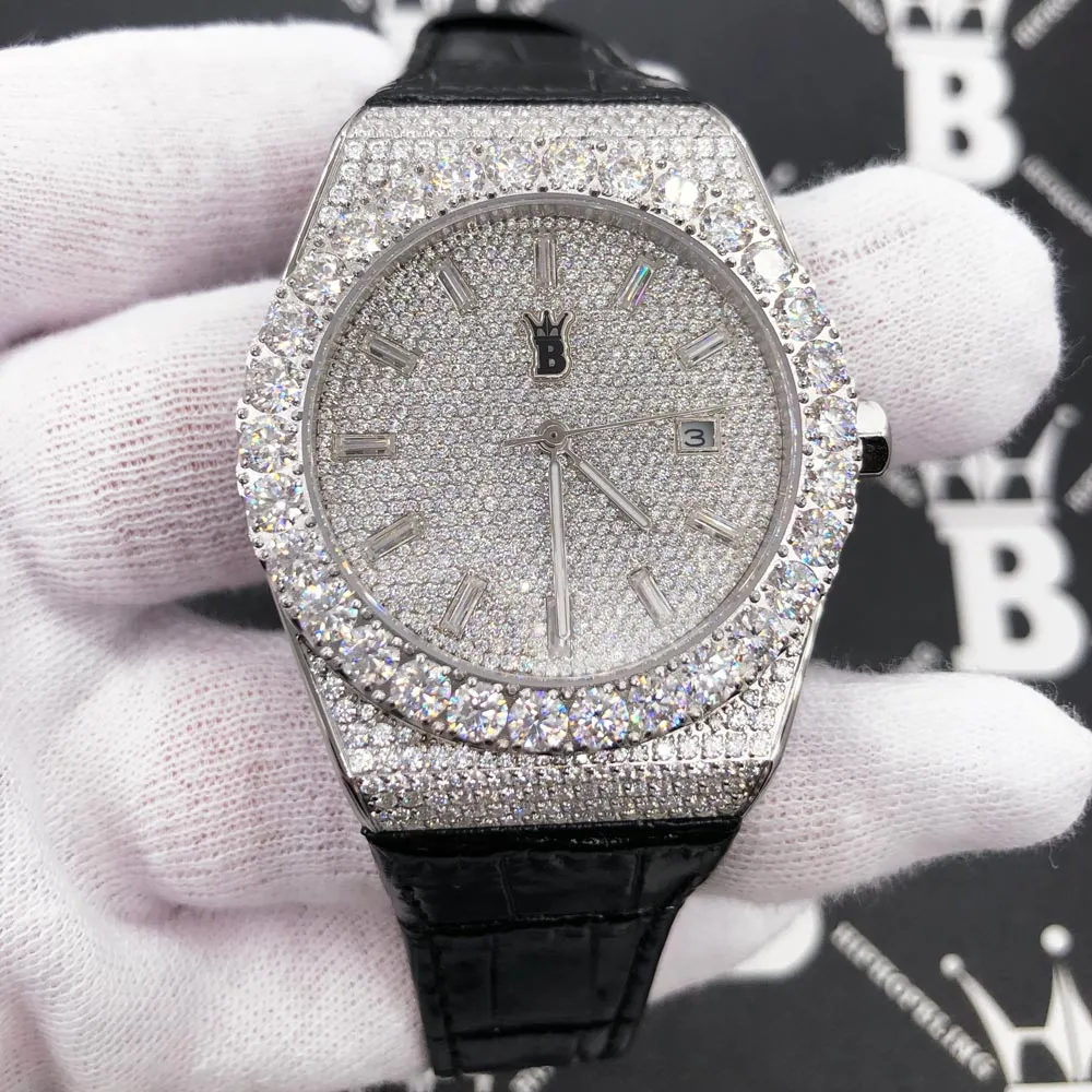 Moissanite Crown Hip Hop Bling Bustdown Leather Watch 20 Carats
