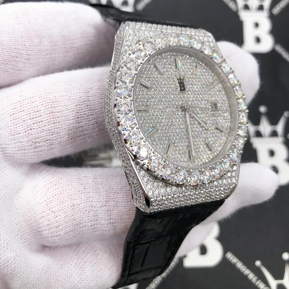 Moissanite Crown Hip Hop Bling Bustdown Leather Watch 20 Carats