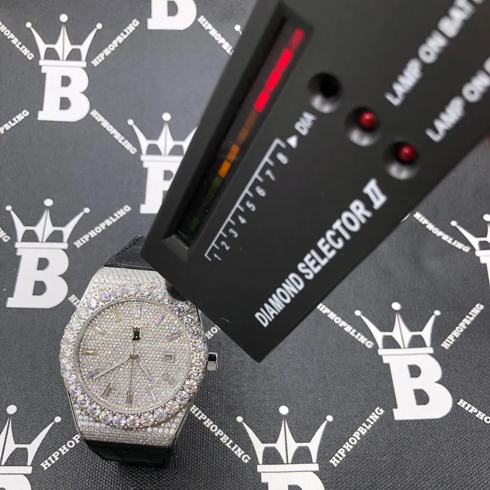 Moissanite Crown Hip Hop Bling Bustdown Leather Watch 20 Carats
