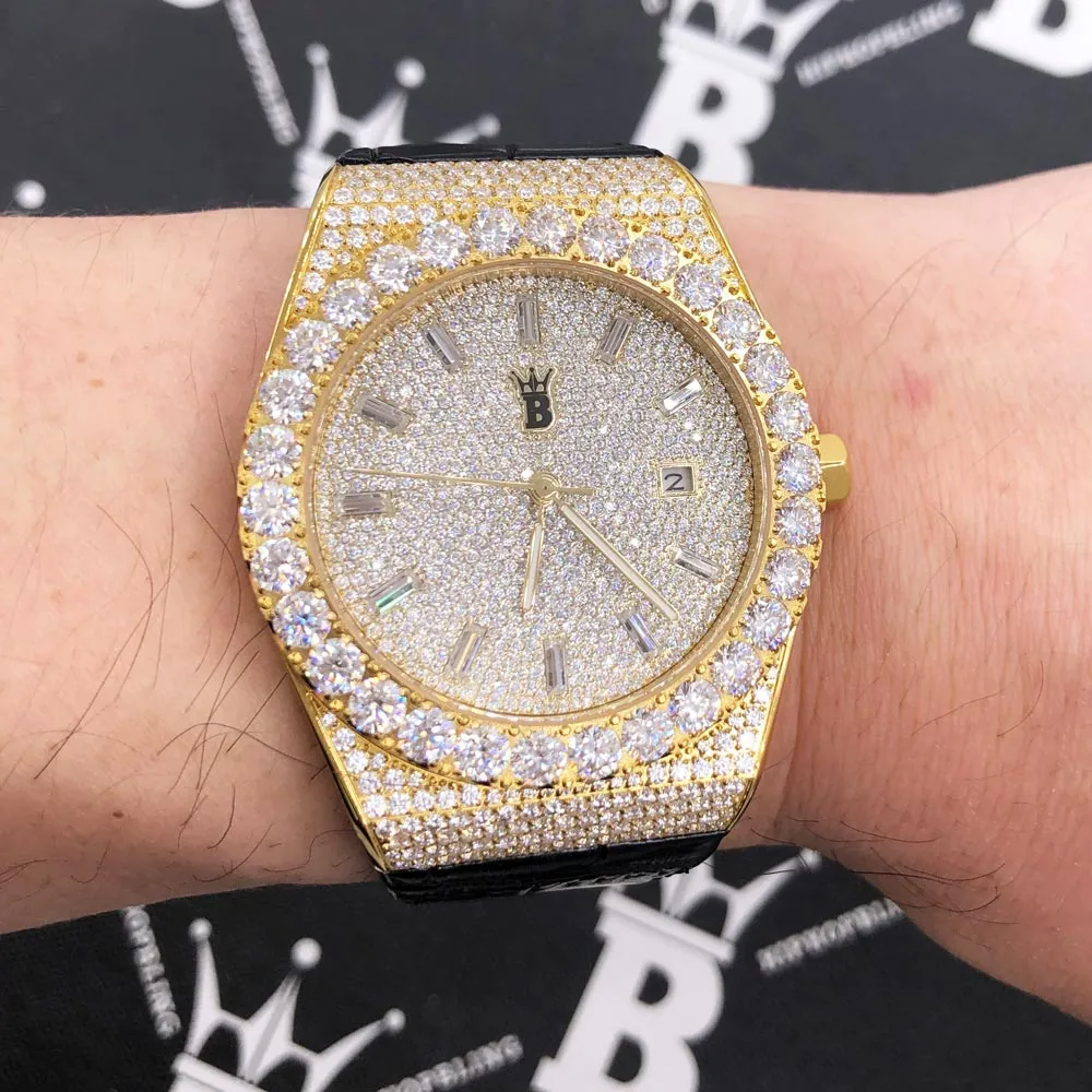 Moissanite Crown Hip Hop Bling Bustdown Leather Watch 20 Carats
