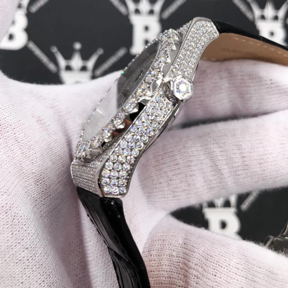 Moissanite Crown Hip Hop Bling Bustdown Leather Watch 20 Carats