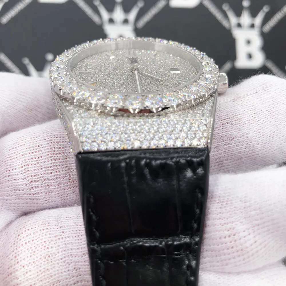 Moissanite Crown Hip Hop Bling Bustdown Leather Watch 20 Carats
