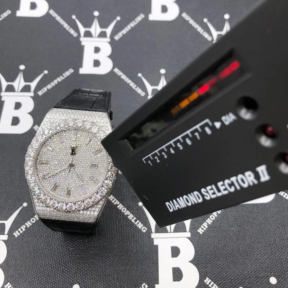 Moissanite Crown Hip Hop Bling Bustdown Leather Watch 20 Carats