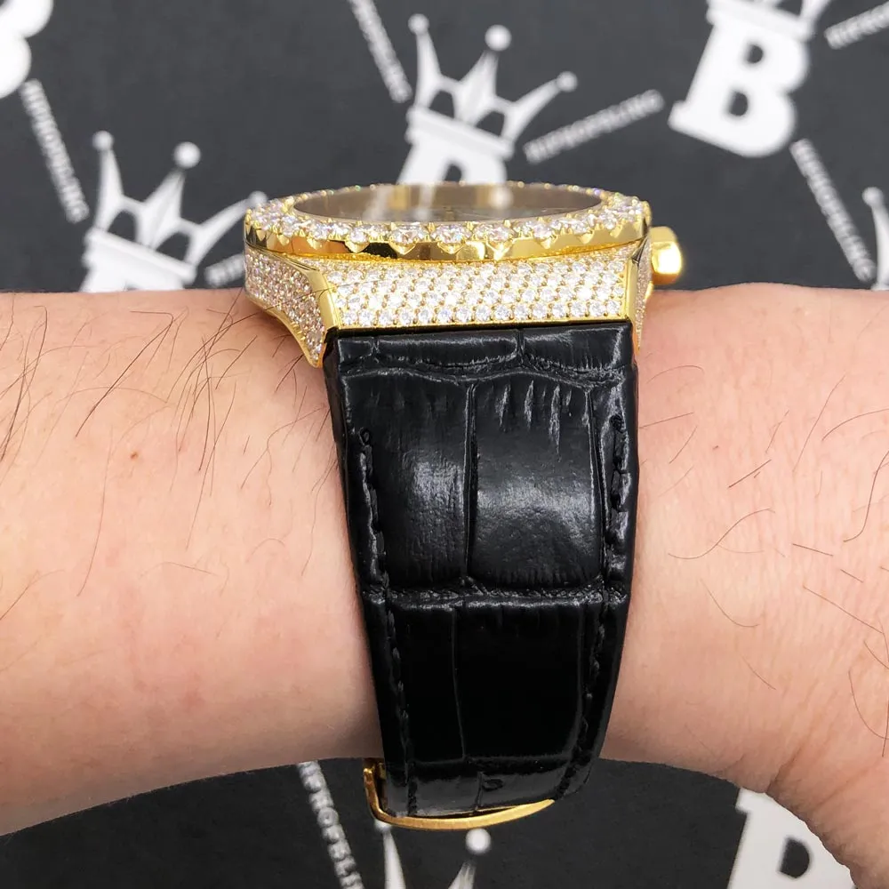 Moissanite Crown Hip Hop Bling Bustdown Leather Watch 20 Carats