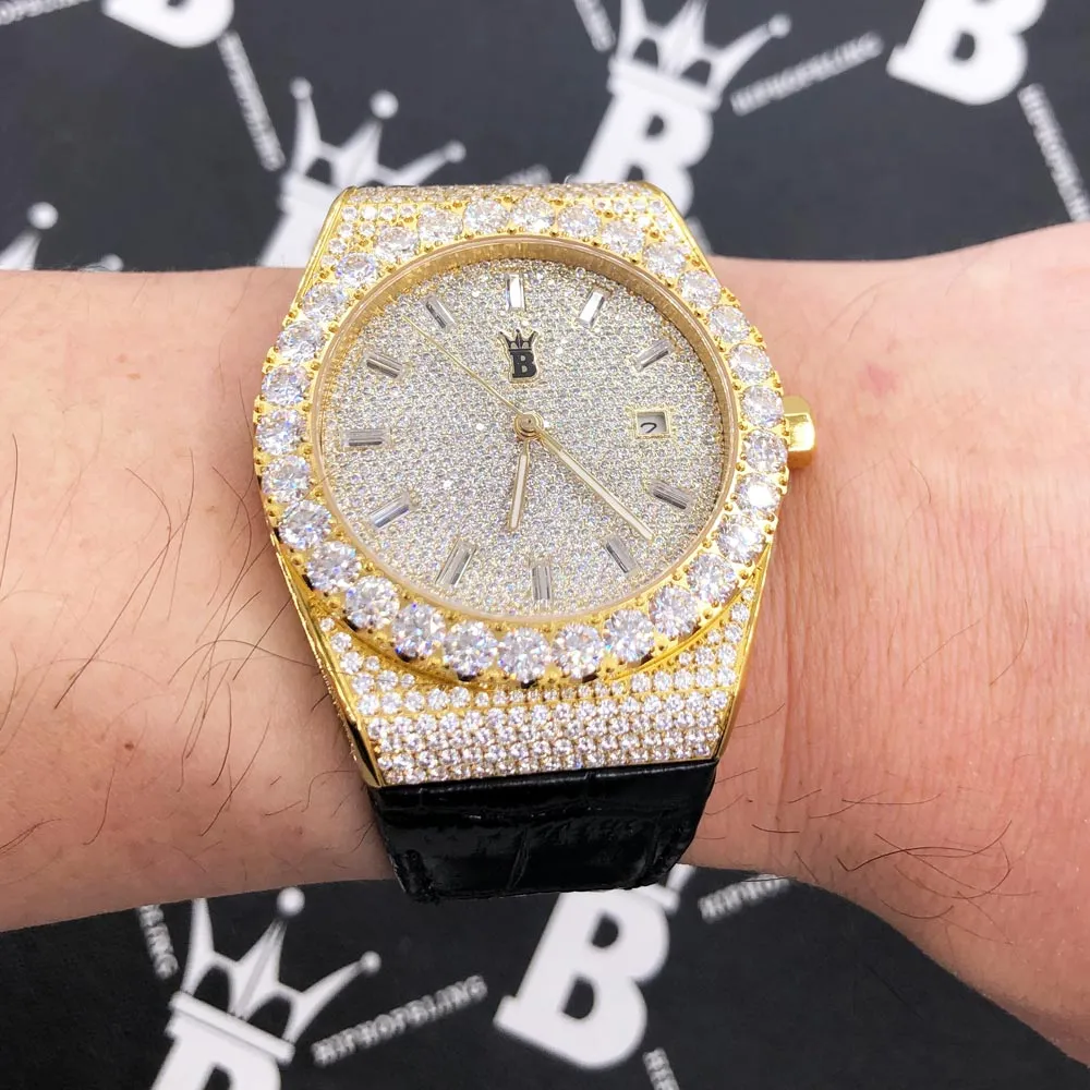 Moissanite Crown Hip Hop Bling Bustdown Leather Watch 20 Carats