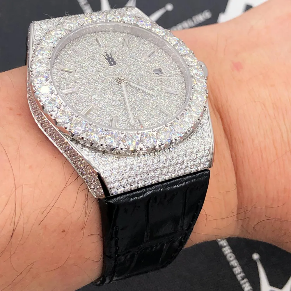 Moissanite Crown Hip Hop Bling Bustdown Leather Watch 20 Carats