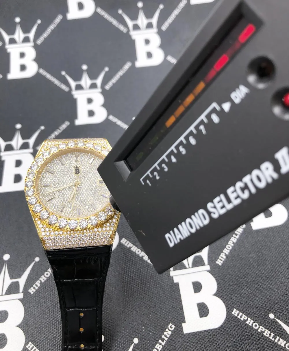 Moissanite Crown Hip Hop Bling Bustdown Leather Watch 20 Carats