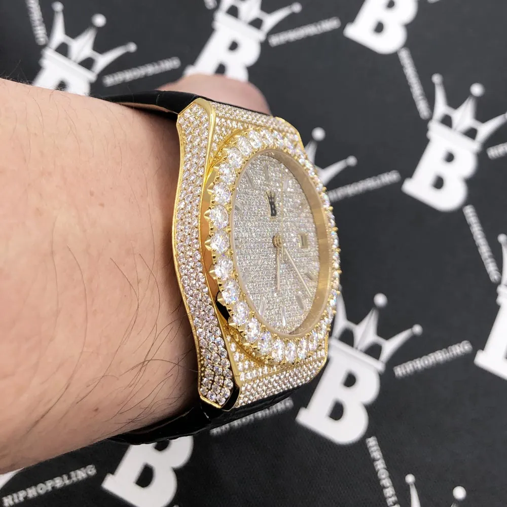 Moissanite Crown Hip Hop Bling Bustdown Leather Watch 20 Carats