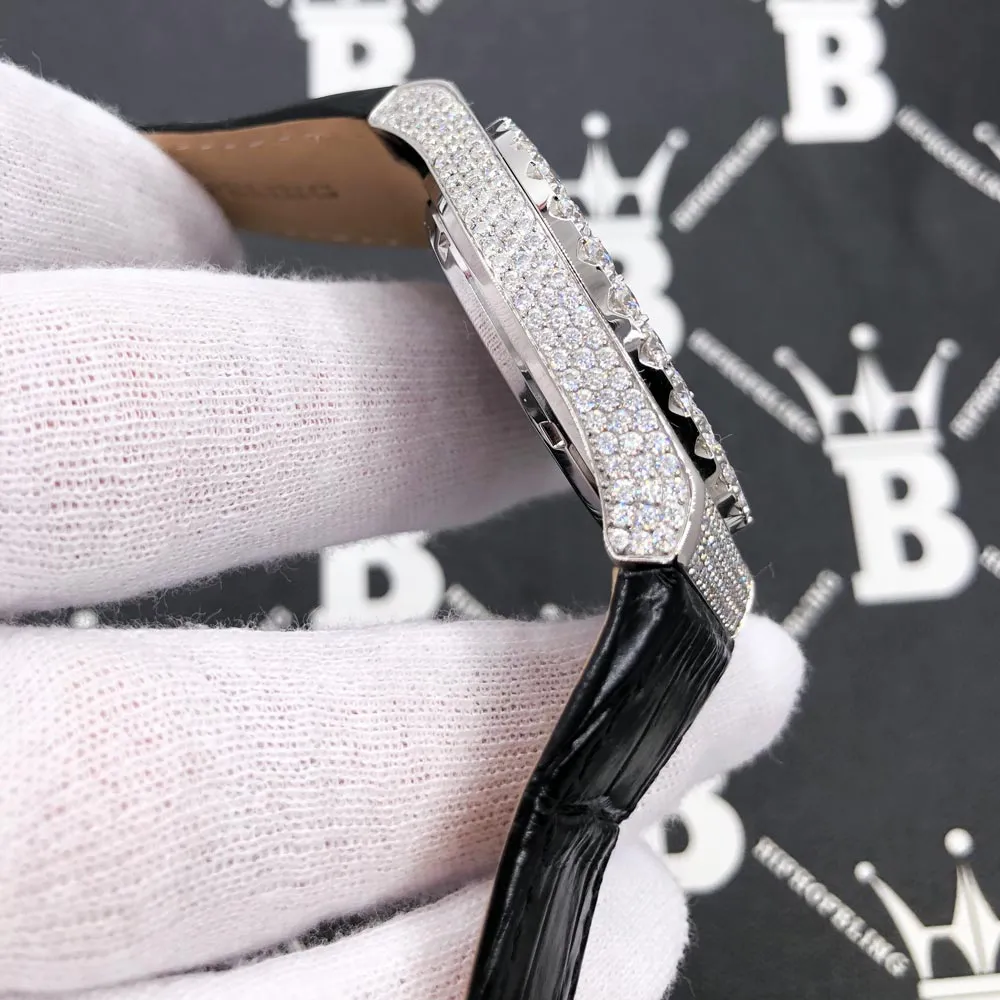 Moissanite Crown Hip Hop Bling Bustdown Leather Watch 20 Carats