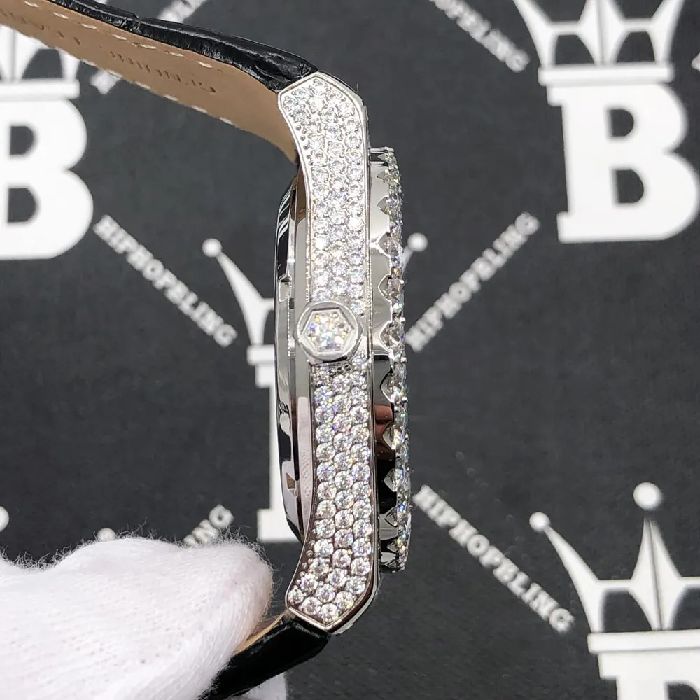 Moissanite Crown Hip Hop Bling Bustdown Leather Watch 20 Carats
